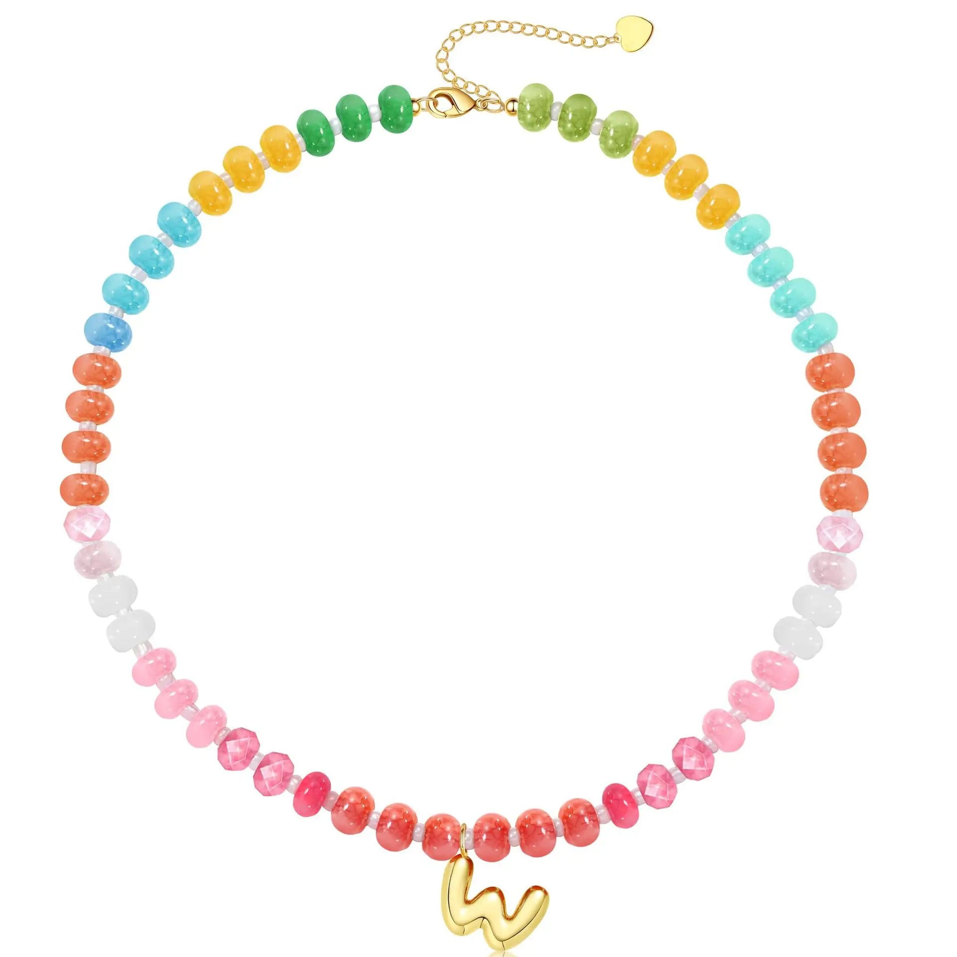 Initial Natural Stone Necklaces Colorful Beaded Boho Necklace Letter A-Z Bead Choker Necklace for Women Summer Beach Jewelry