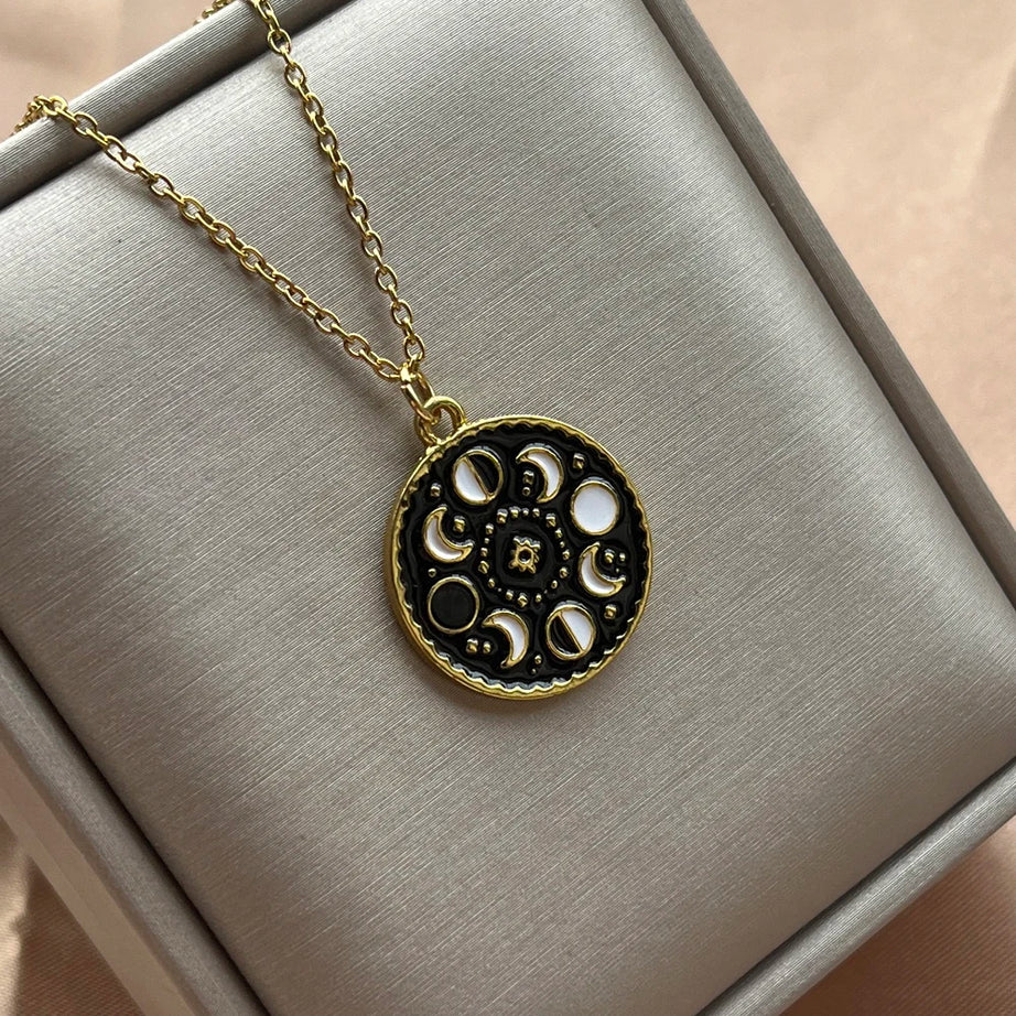 Black Enamel Moon Phase Choker Necklace, Gothic Witchy Celestial Talisman