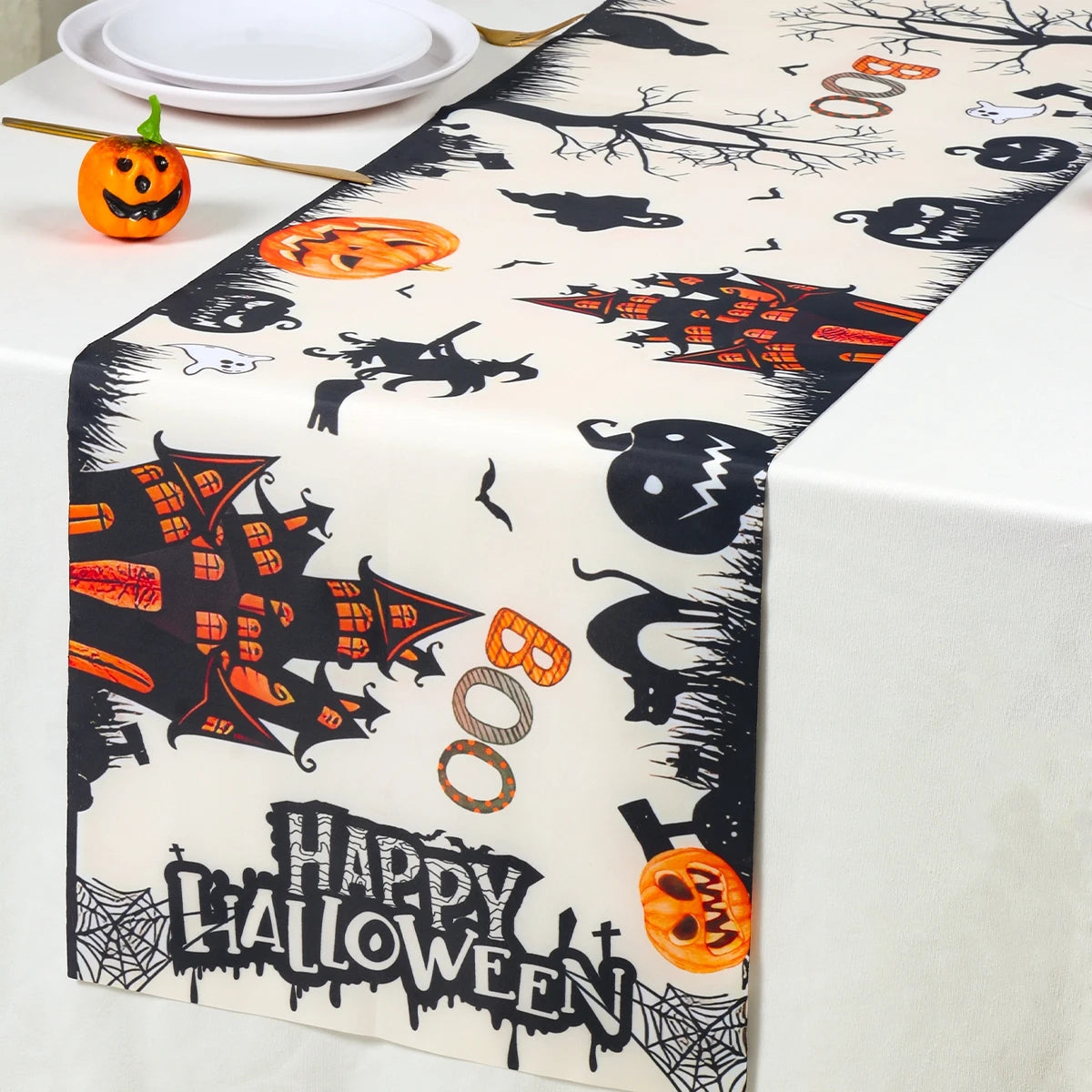 Halloween Table Runner Happy Halloween Party Decorations For Home 2024 Ghost Pumpkin Witch Bat Kitchen Dining Table Runner - Charlie Dolly
