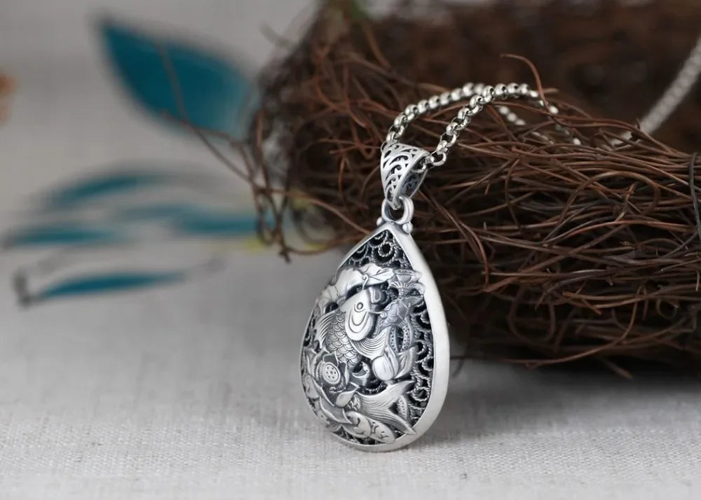 Classic New in Vintage 925 Silver National Style Engraved Lotus Flower Droplet Drop Pendant Necklace Keel Chain Charm Jewelry