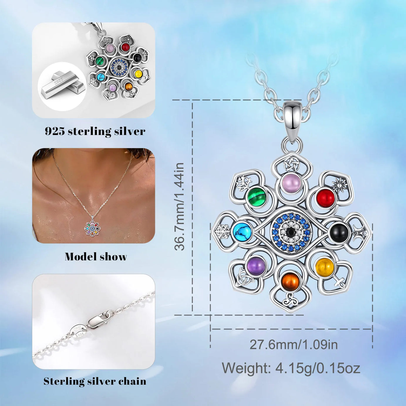 S925 Silver Lotus, Evil Eye & Pentagram Pendant, Sacred Protection Amulet