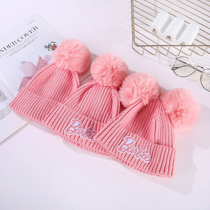 Barbie Parent-Child Baby Knitted Hat Soft Elastic Winter Protection Children Woolen Hats Cute Fur Ball Cotton Hat Pullover Gifts