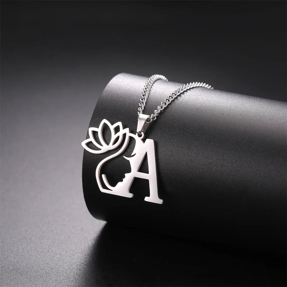 Lotus Flower Initial Letter Pendant, Personalized Stainless Steel Necklace
