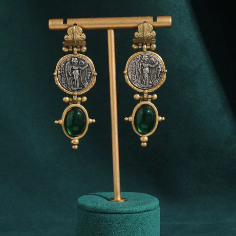 Vintage Emerald Green Stone Dangle Earrings, Antique Gold Coin Boho Jewelry