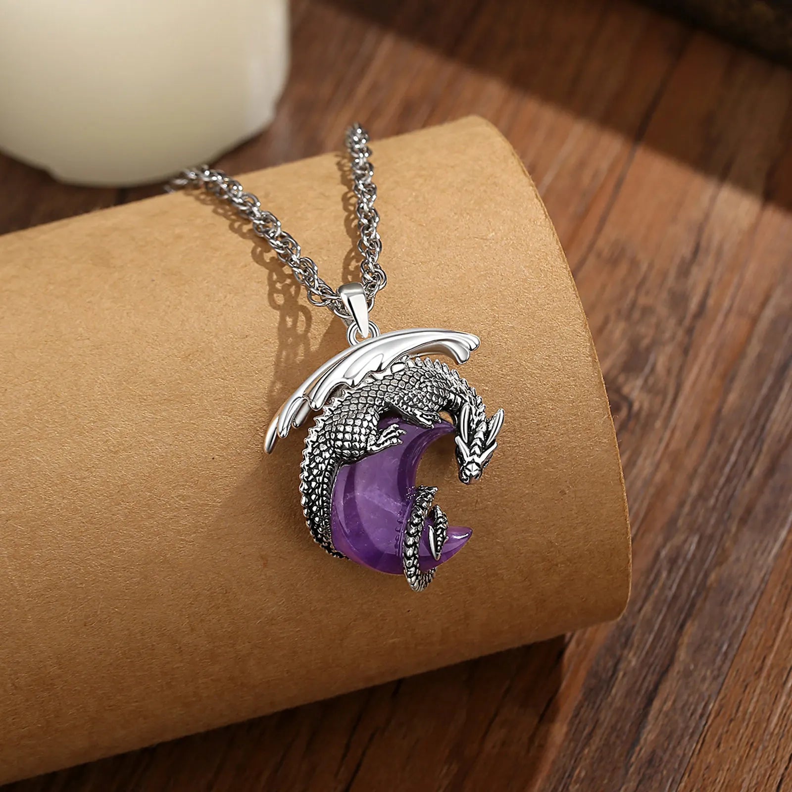 Eudora Dragon Crescent Moon Natural Amethyst Necklace Healing Crystal Stone Pendant Spiritual Jewelry Gift for Women Men