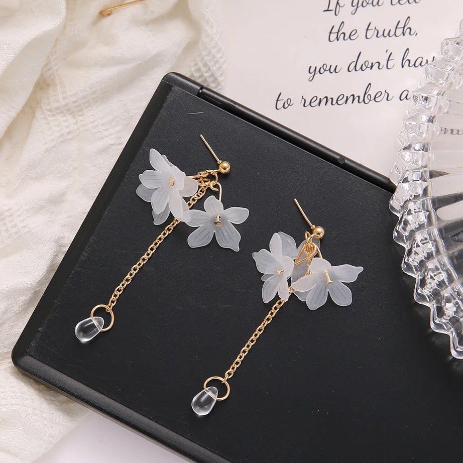 White Flower Crystal Long Drop Earrings Jewelry