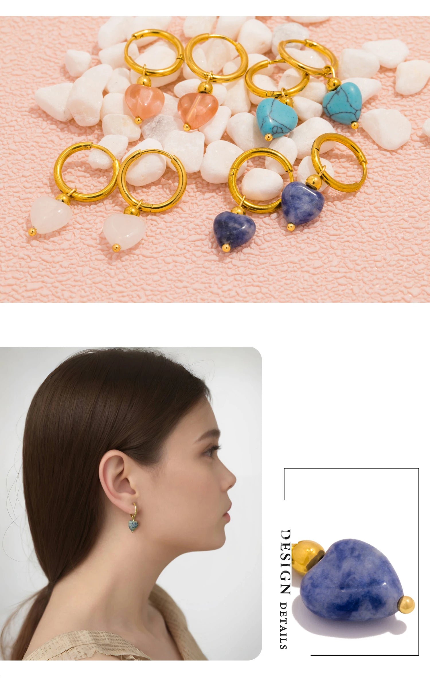 UHBINYCA Detachable Natural Stone Heart-shaped Pendant Earrings, Stainless Steel Hoop Earrings