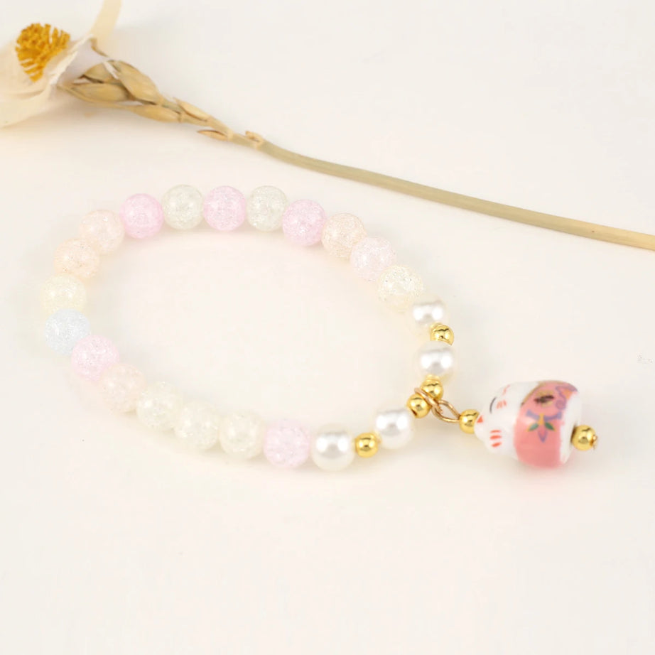 Boho Fortune Cat Charms Bracelet for Women 8mm Round Natural Stone 18cm Stretch Wire Couple Bracelet Jewelry Accessories Gifts - Charlie Dolly