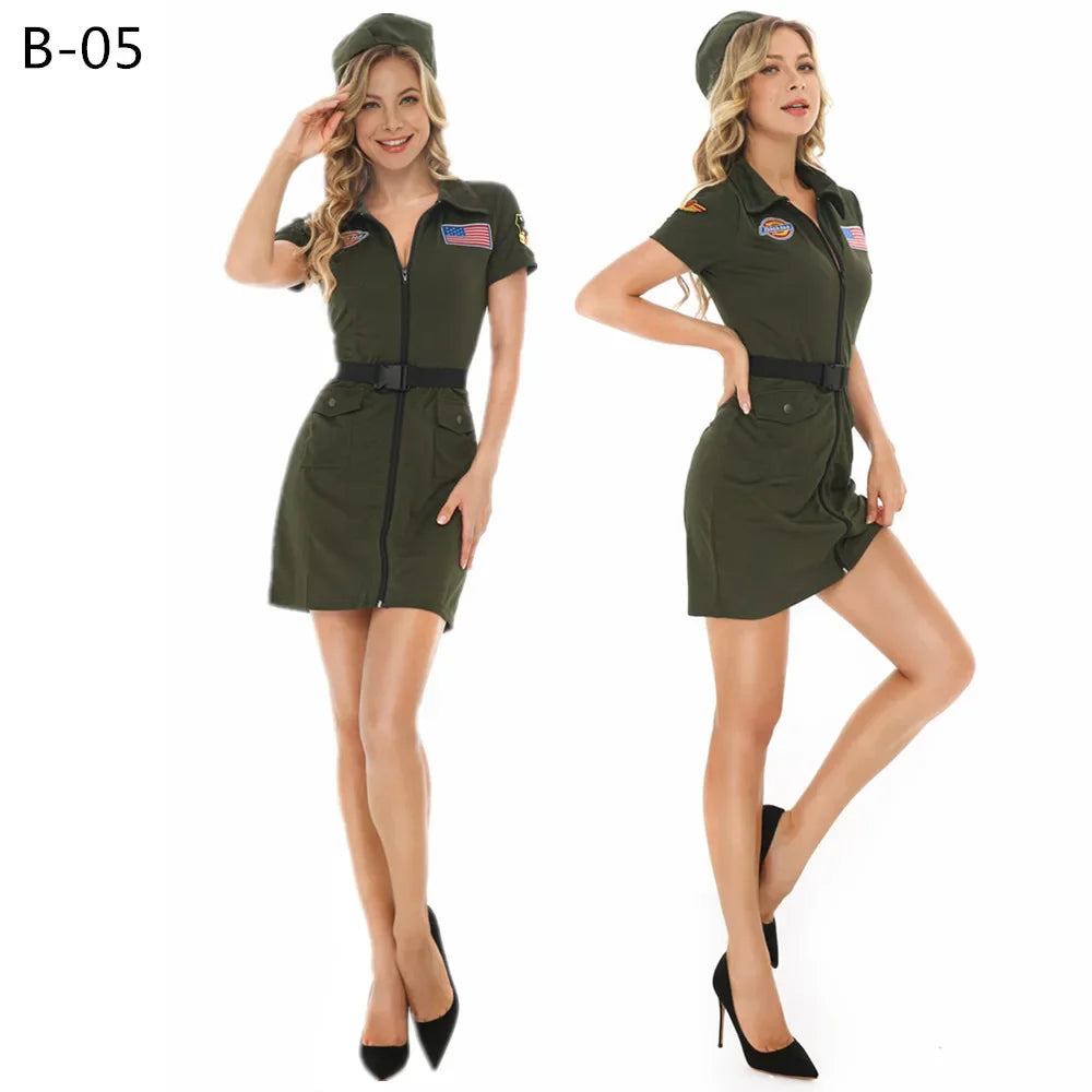 Sexy Lady American Airforce Military Pilot Costume Carnival Top Gun Maverick Flight Uniform Cosplay Halloween Fancy Party Dress - Charlie Dolly