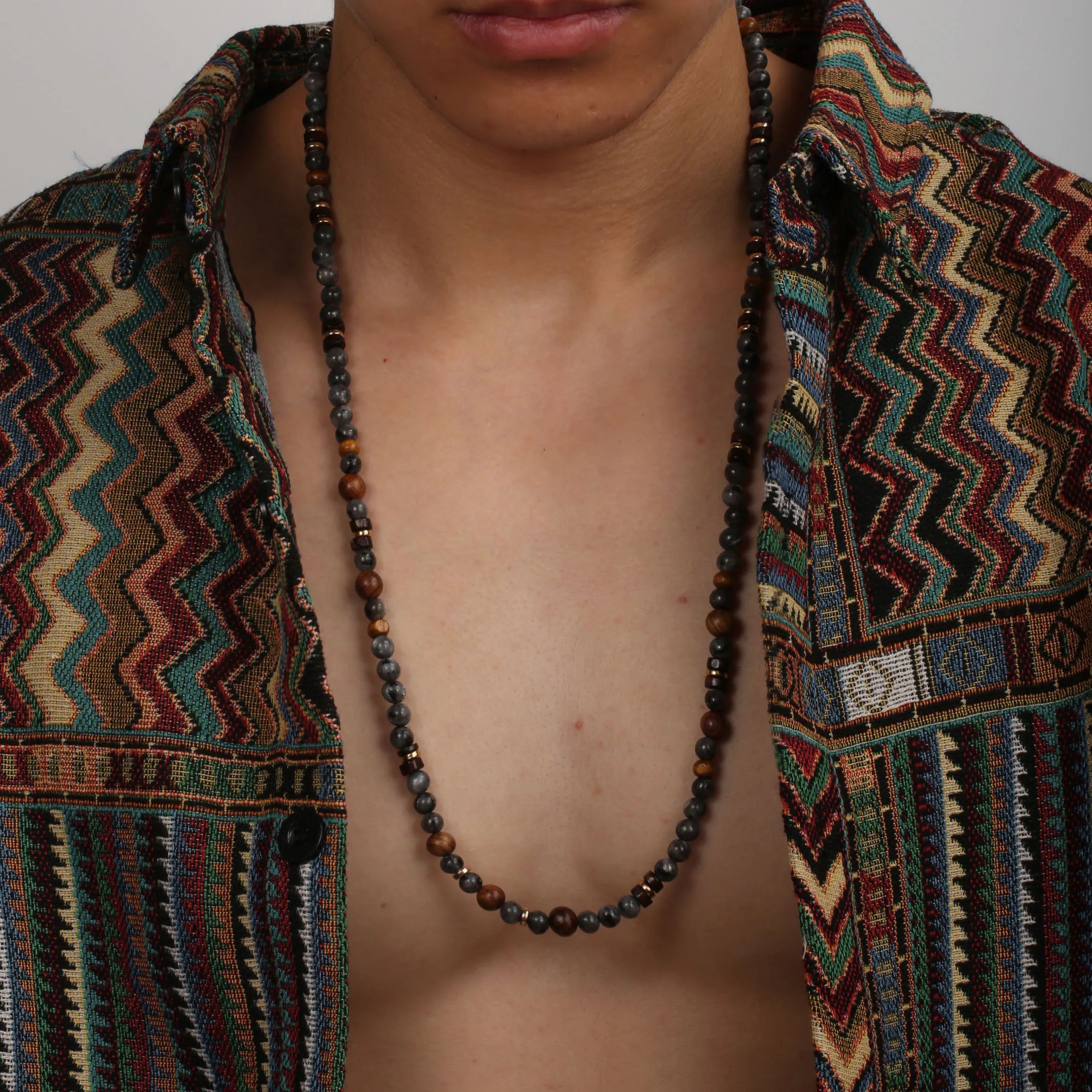 1PC INGX Man's Bohemia Natural Flash Stone Long Beaded Necklace for Men Tribal Boho Long Wooden Beads Necklace Men Jewelry - Charlie Dolly