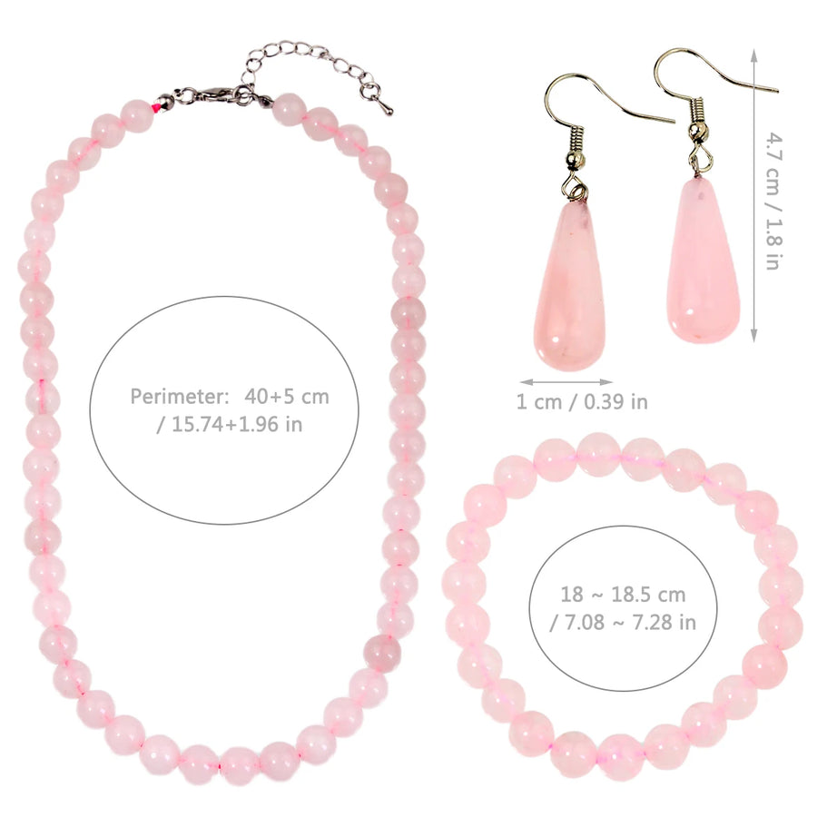 3PCS Natural Stone Rose Quartz Round Beaded Necklace Bracelet Earrings Jewelry Set Boho Women's Sweet Handmade Accessories - Charlie Dolly