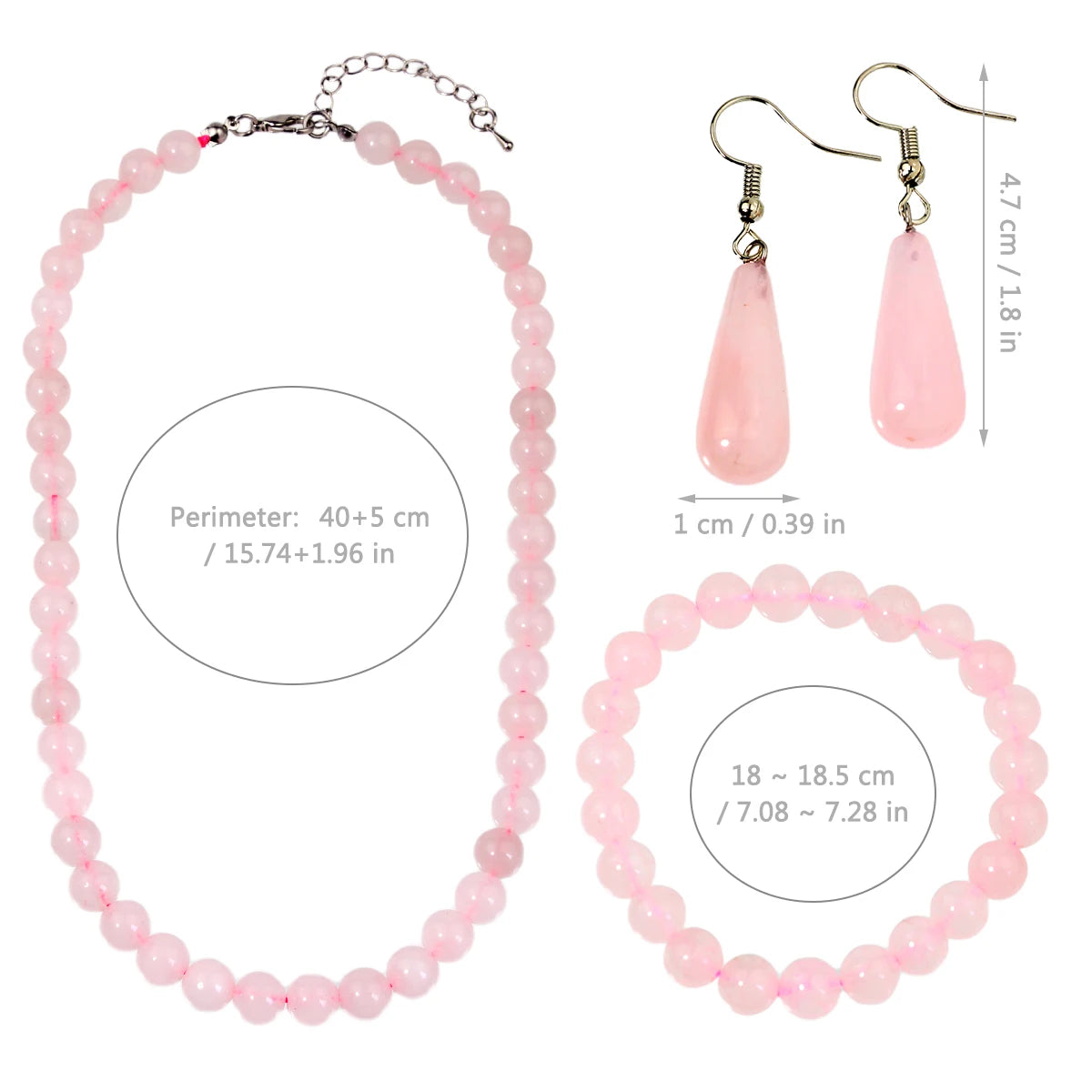 3PCS Natural Stone Rose Quartz Round Beaded Necklace Bracelet Earrings Jewelry Set Boho Women's Sweet Handmade Accessories
