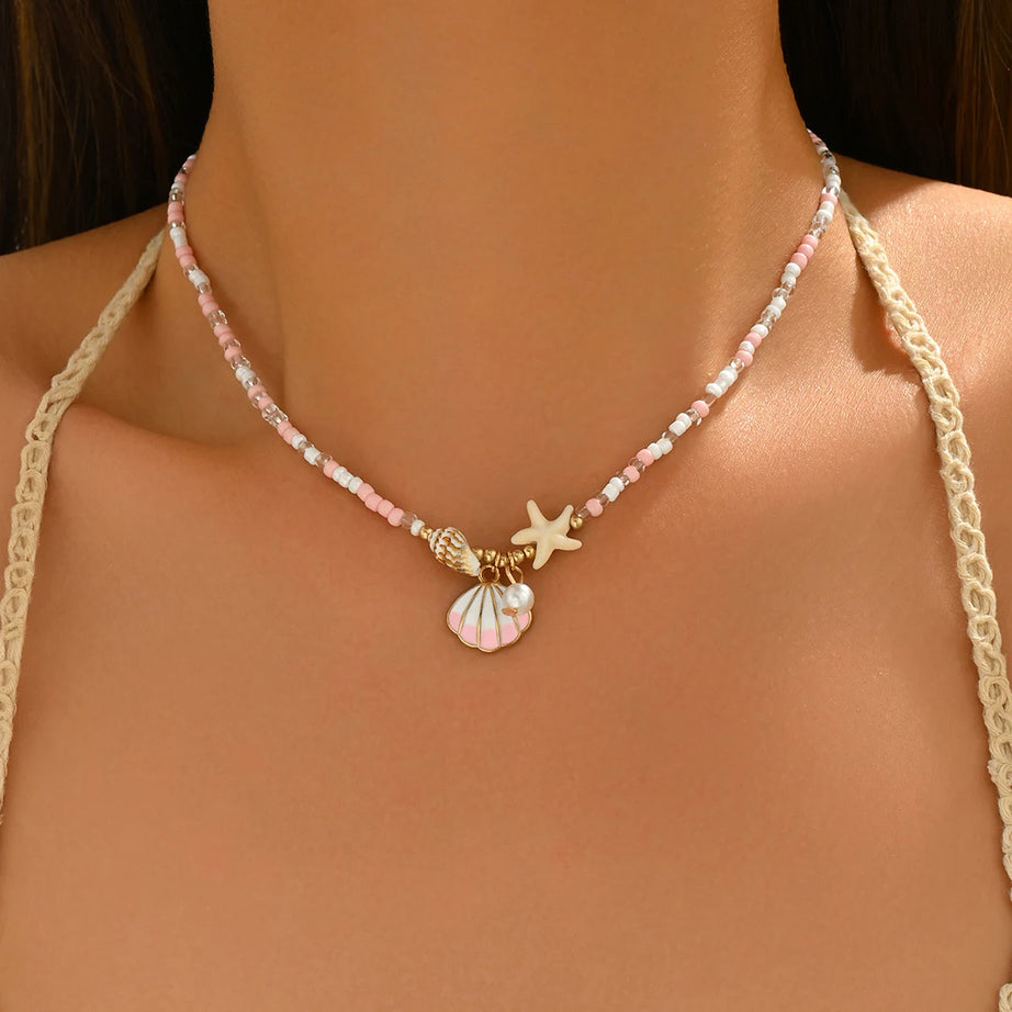 Pink Pearl and Shell Beaded Choker Necklace