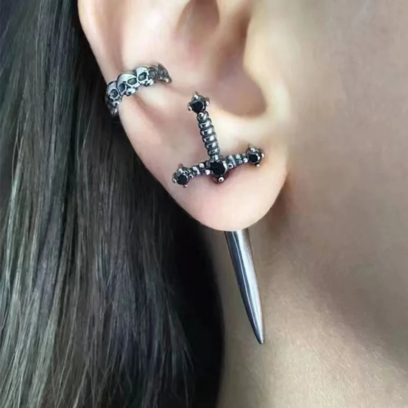 Vintage Dark Gothic Kinitial Sword Earrings For Women Men Dagger Piercing Earring Ear Jacket Punk Goth Halloween Jewelry Gift - Charlie Dolly