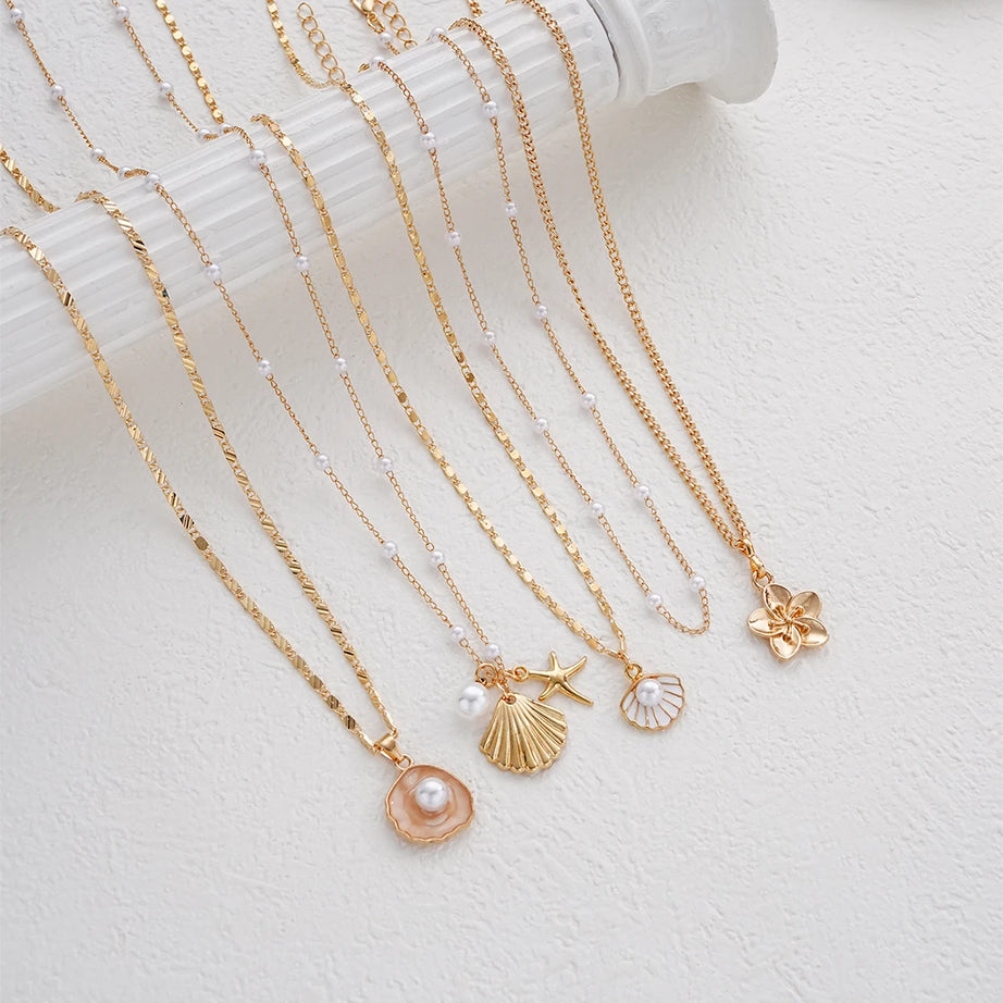 Starfish, Shell and Pearl Flower Boho Necklace Set (5 Pieces)