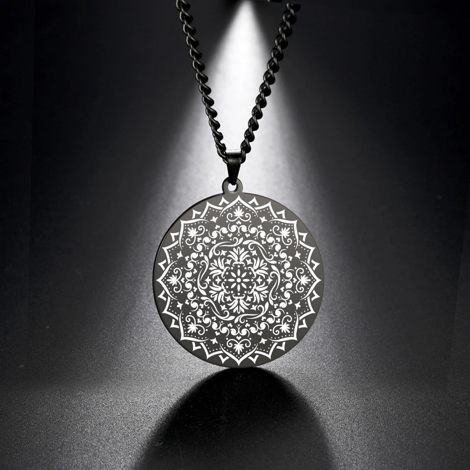 Lotus Chakra Mandala Pendant Necklace, Stainless Steel Buddhist Hindu Meditation Amulet