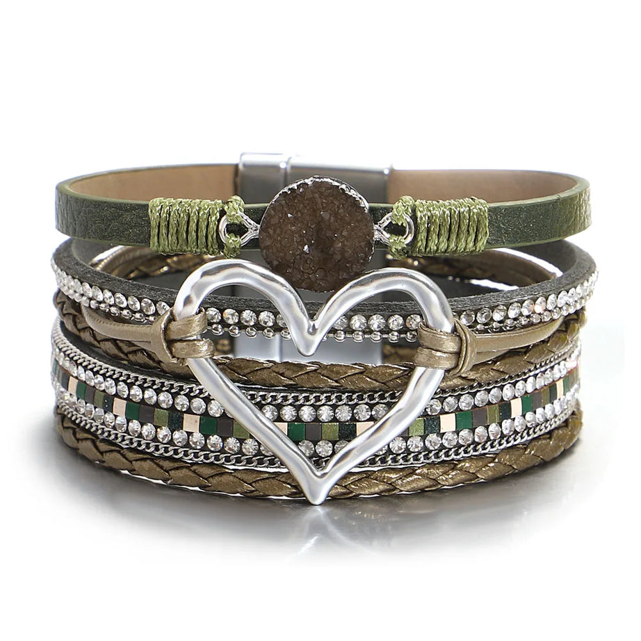 ALLYES Vintage Natural Stone Heart Braided Leather Bracelet for Women Boho Multilayer Wrap Wide Bangle Bracelets Jewelry Gifts - Charlie Dolly