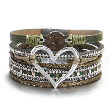 ALLYES Vintage Natural Stone Heart Braided Leather Bracelet for Women Boho Multilayer Wrap Wide Bangle Bracelets Jewelry Gifts