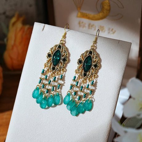 Green Enamel Feather Crystal Drop Earrings Jewelry