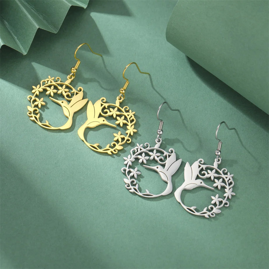 Hummingbird Filigree Flower Dangle Earrings Jewelry