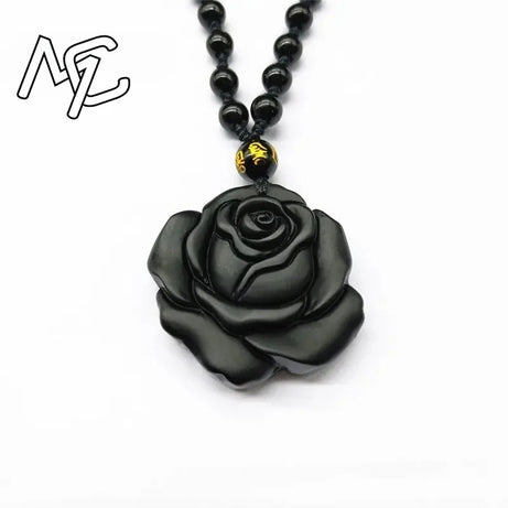 Natural Obsidian Rose Flower Pendant, Hand-Carved Lucky Amulet