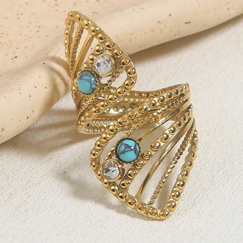 Boho Zircon Twisted Hollow Engagement Rings For Women Baroque Natural Stone Stainless Steel Bling Ring Wedding Fashion Jewelry