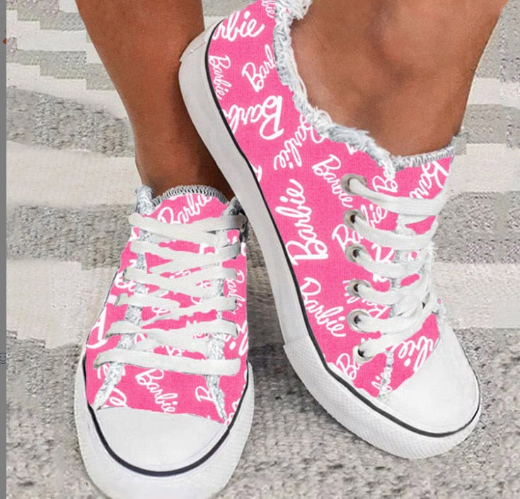 2023 New Barbie 3D Printing Letters Large Size Canvas Shoes Women Students Flat Casual Shoes Fashion Women Sports Board Shoes