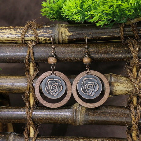 Wooden Bead Flower Leaf Long Tassel Earrings Jewelry