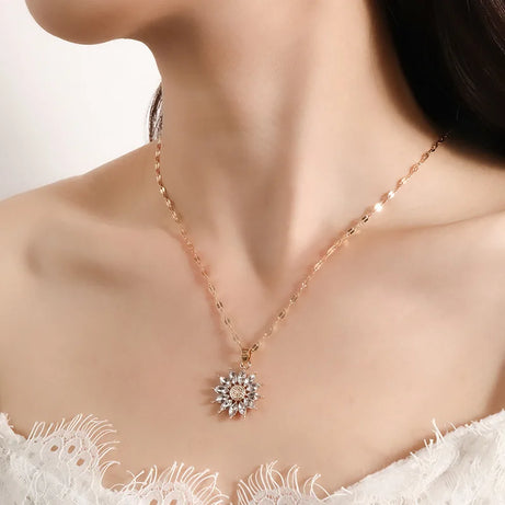 Gold Flower Zirconia Pendant Necklace, Titanium Steel Luxury Chain