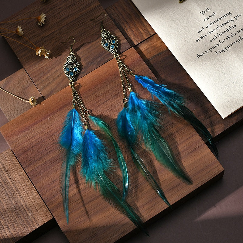 Fashion Earrings Bohemian Ethnic Style Leaf Earrings Jewelry Retro Long Tassel Colorful Feather Earrings Jewelry Gift - Charlie Dolly