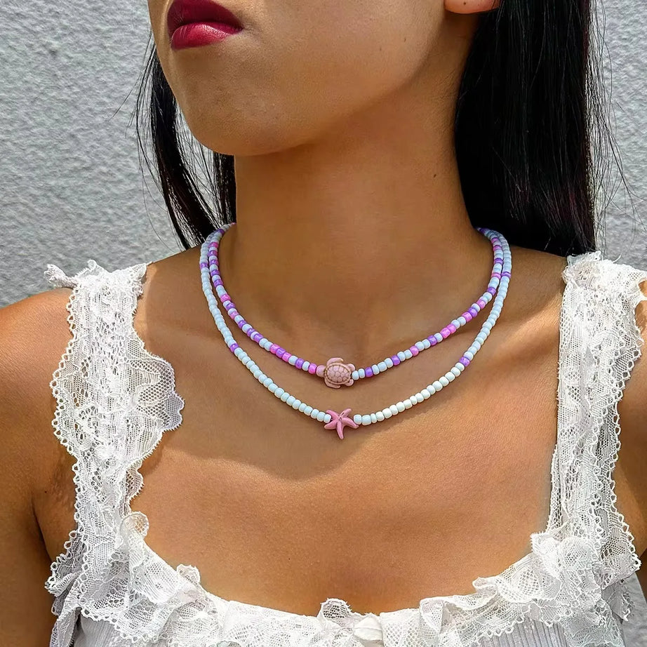 Tocona البوهيمي الملونة عقد من الخرز للنساء الصيف اليدوية نجم البحر السلحفاة المختنق سلسلة الشاطئ مجوهرات اكسسوارات