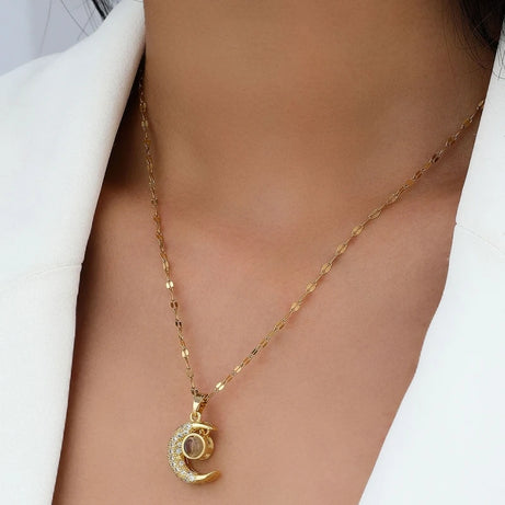 Moon Clavicle Necklace, I Love You in 100 Languages, Stainless Steel Fashion Gift