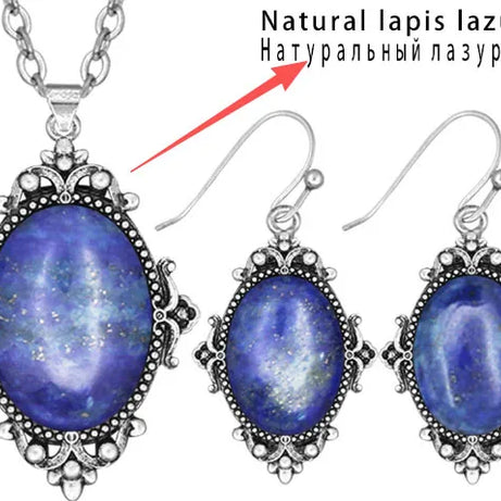 Vintage Look Natural Stone Lapis Lazuli Jewelry Sets Solid Silver Plated Necklace Earrings Flower Fashion Jewelry - Charlie Dolly