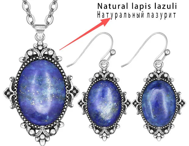 Vintage Look Natural Stone Lapis Lazuli Jewelry Sets Solid Silver Plated Necklace Earrings Flower Fashion Jewelry