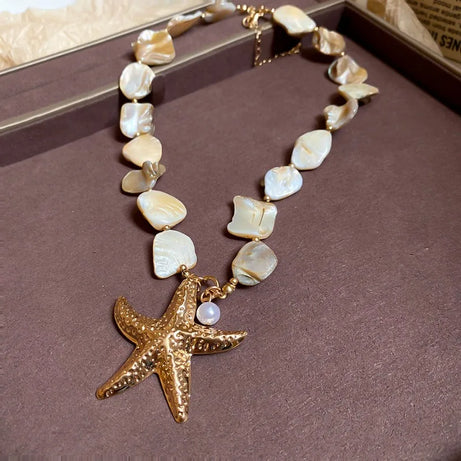 Irregular Shell, Starfish and Pearl Tassel Necklace and Earring Set