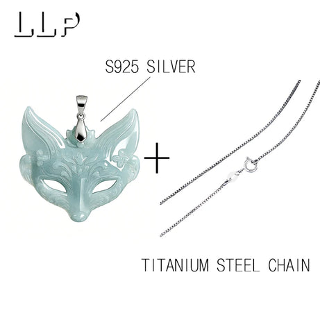 S925 Sterling Silver Hand-Carved Jade Fox Mask Pendant Necklace, Sacred Kitsune Amulet