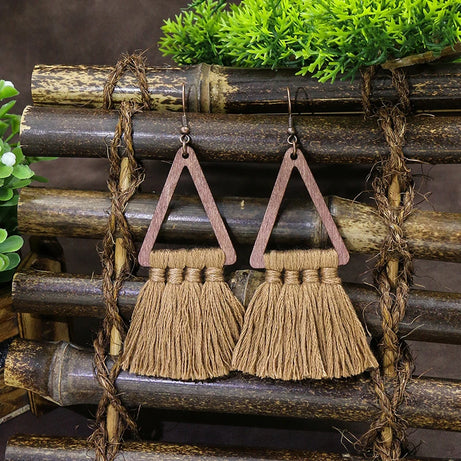 Wooden Bead Flower Leaf Long Tassel Earrings Jewelry