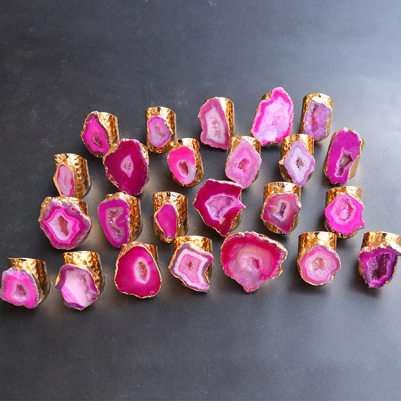 Irregular Natural Geode Stone Rings Agate Slices Wide Open Ring for Women Men Boho Resizable Finger Jewelry