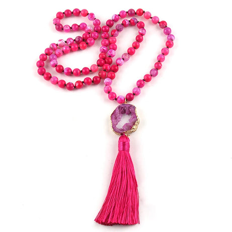 Knotted Druzy Stone Tassel Necklace Jewelry