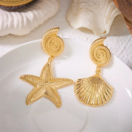 Boho Starfish, Conch and Scallop Pearl Pendant Earrings