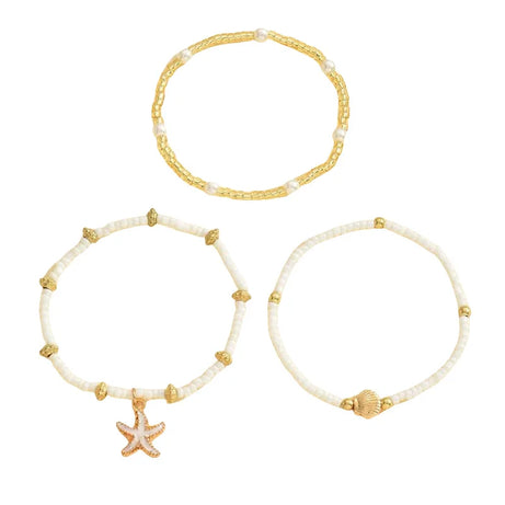 Starfish, Shell and Millet Bead Triple Layer Anklet Set