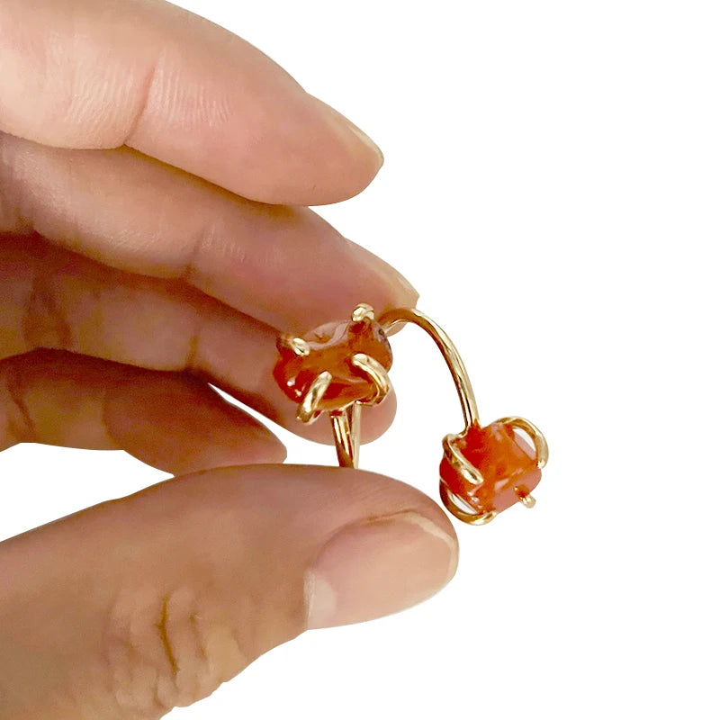 Irregular Red Agate Open Ring for Women Girls Claw Setting Gold-color Boho Rough Natural Stone Finger Jewelry Resizable