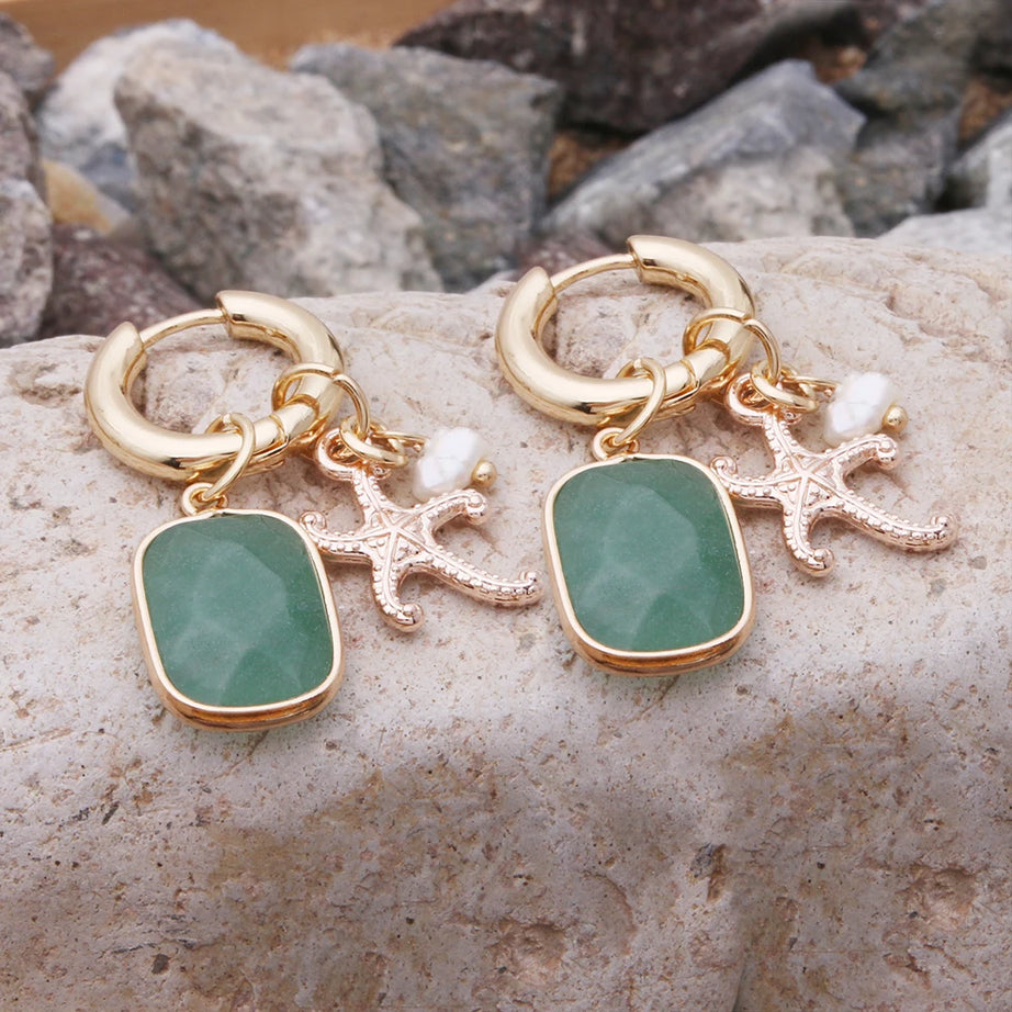Pendant Earrings For Woman Boho Natural Stone Clover Malachite Powder Crystal Bohemia Charm Ear Luxury Quality Jewelry Girls - Charlie Dolly