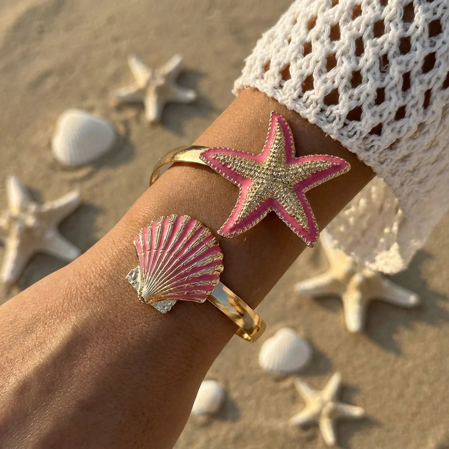 Starfish and Shell Enamel Bangle Bracelet