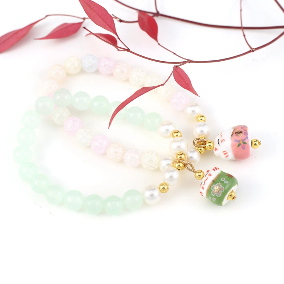Boho Fortune Cat Charms Bracelet for Women 8mm Round Natural Stone 18cm Stretch Wire Couple Bracelet Jewelry Accessories Gifts - Charlie Dolly