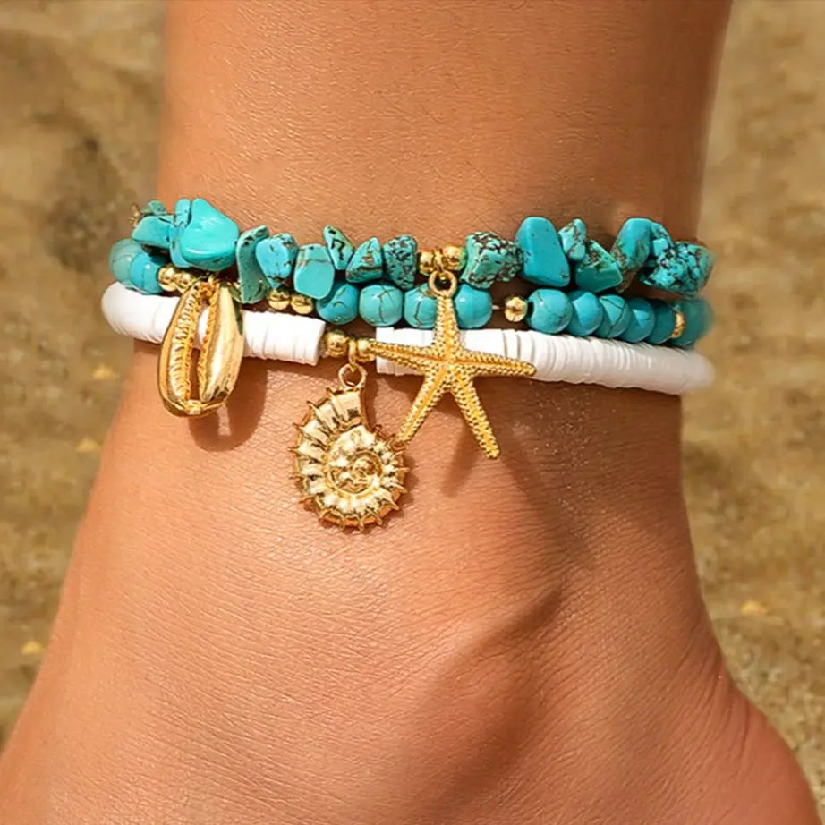 SHIXIN 3Pcs Irregular Green Natural Stone Bead Anklet Set for Women Boho Conch Starfish Feet Chain Bracelet Summer Beach Jewelry - Charlie Dolly