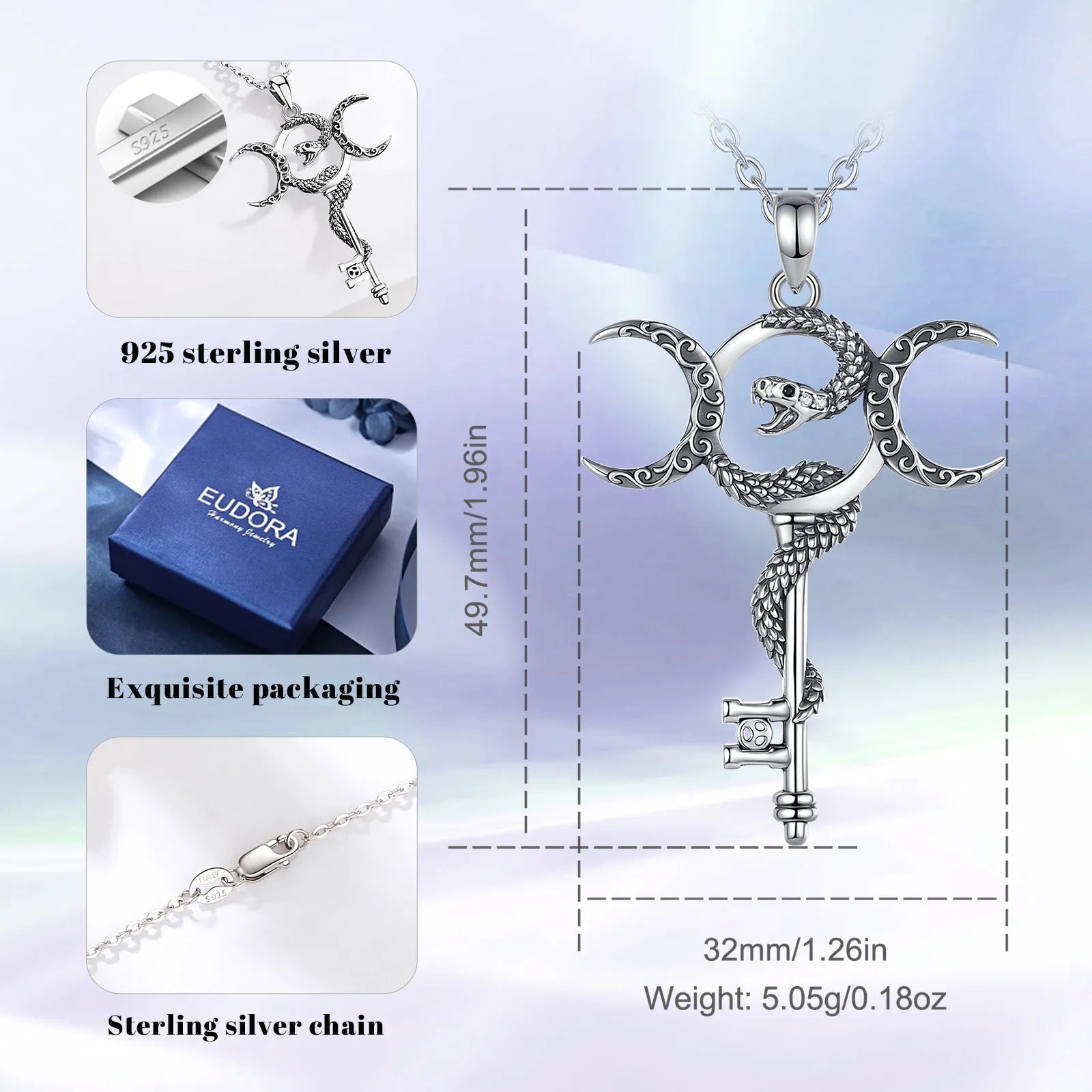 Eudora 925 Sterling Silver Hecate Triple Moon Goddess Necklace Snake Key Amulet Pendant Pagan Wicca Jewelry Gift for Women Men