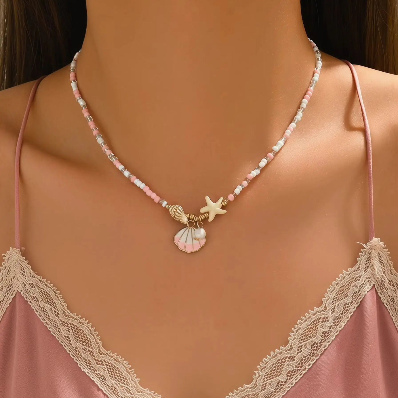 Pink Pearl and Shell Beaded Choker Necklace