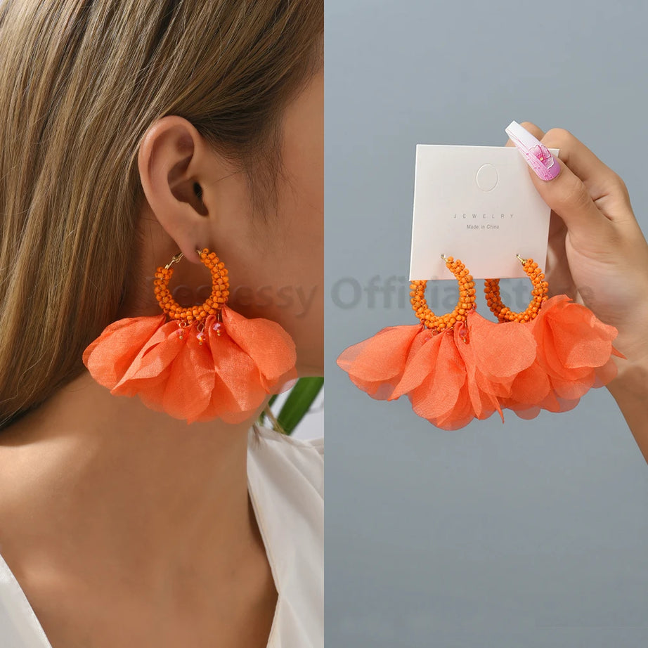 Cotton Flower Petal Beaded Tassel Earrings Jewelry