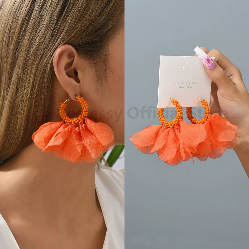 Boho Multicolor Cotton Flower Petal Dangle Earrings For Women Luxury Elegant Handmade Beaded Tassel Ear Pendant Fashion Jewelry